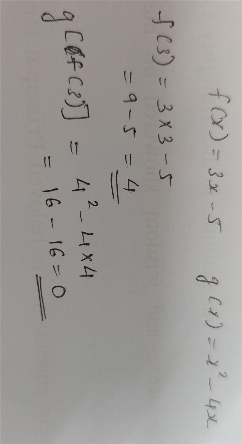 **PLEASE HELP** Given: f(x) = 3x - 5, and g(x) = x² - 4x, find g(f(3))​-example-1