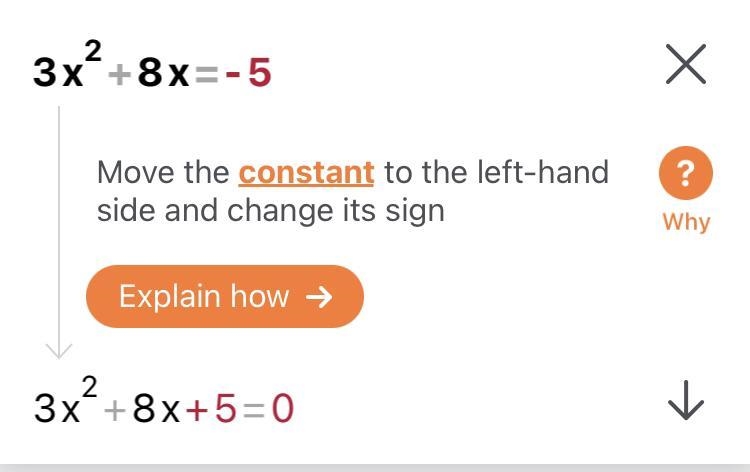 What is the best first step in solving the equation 3x^2+8x=-5-example-1