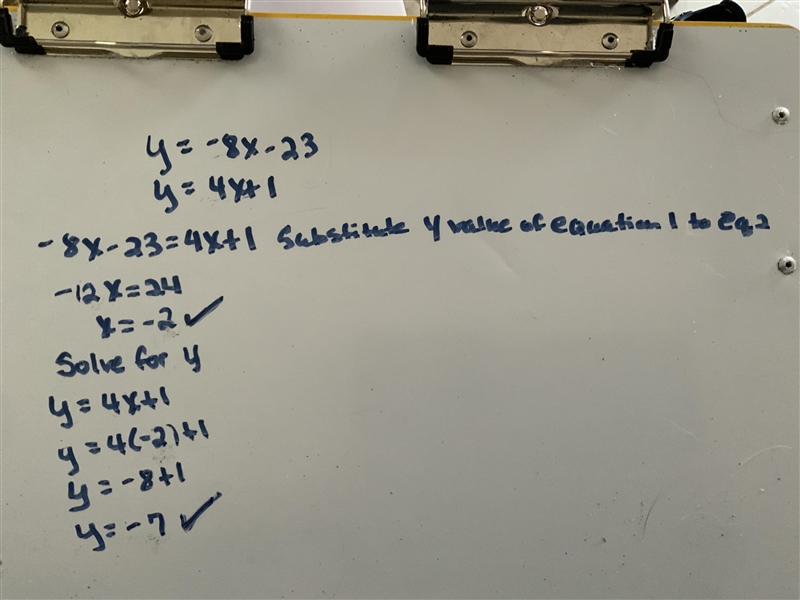 Use substitution method to solve for x and y. y = -8x -23 ...........(i) y = 4x + 1 ............(ii-example-1