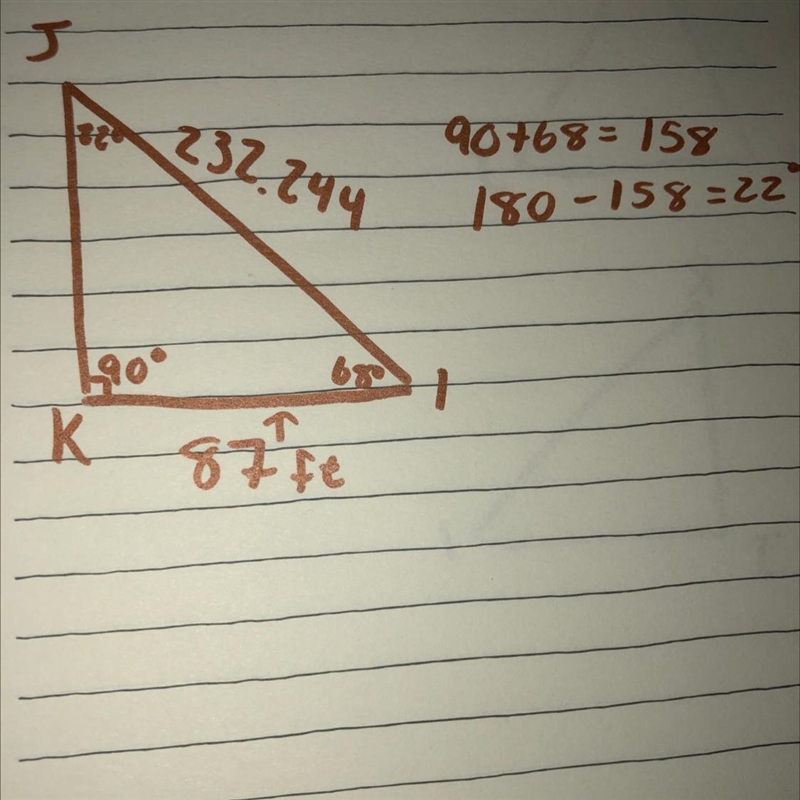 In ΔIJK, the measure of ∠K=90°, the measure of ∠I=68°, and KI = 87 feet. Find the-example-1