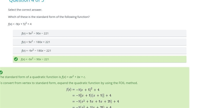 Which of these is the standard form of the following function? f(x) = -9(x + 5)2 + 4 f-example-1