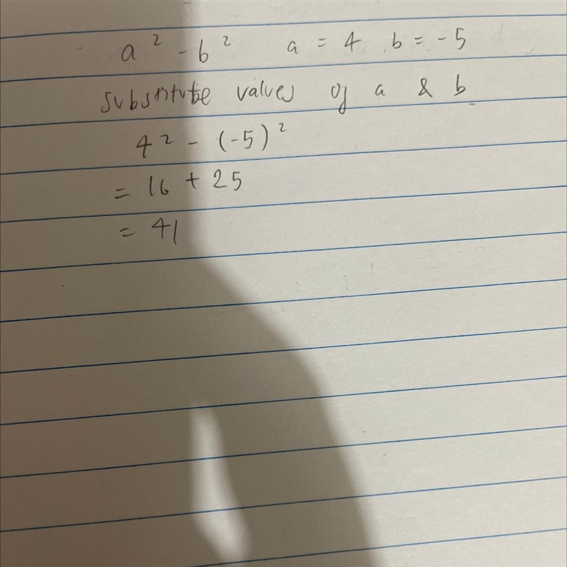 Evaluate A^2-B^2 for A = 4 and B = -5.-example-1