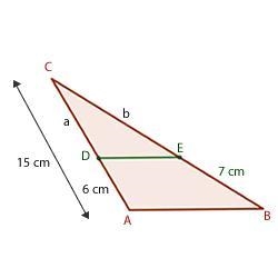 Sabiendo que el segmento DE es paralelo a la base del triángulo, las medidas de los-example-1
