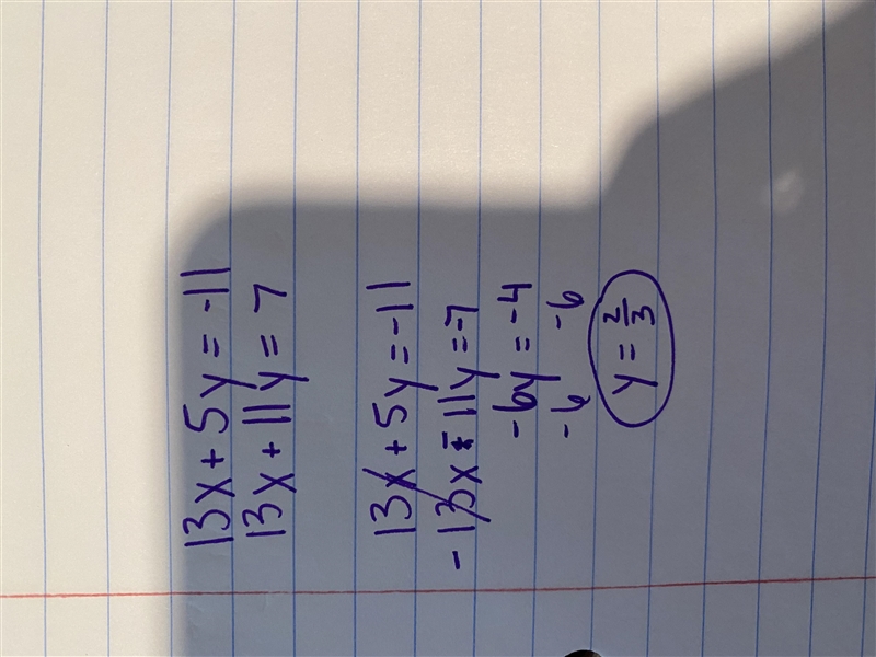 4. 13x + 5y = -11 13x + 11y = 7 Solution:-example-1