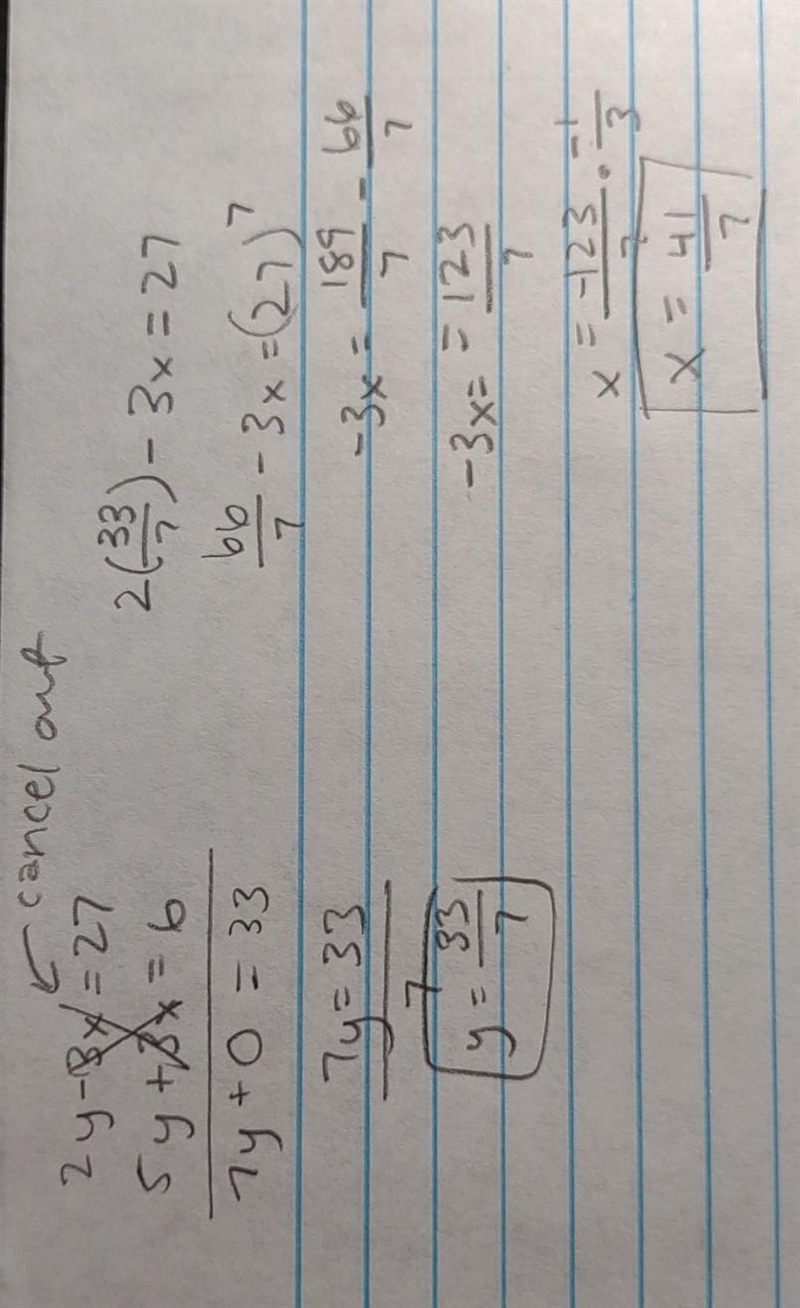 Solve the systems of equations. 2y - Зх -27 5y +3x = 6-example-1