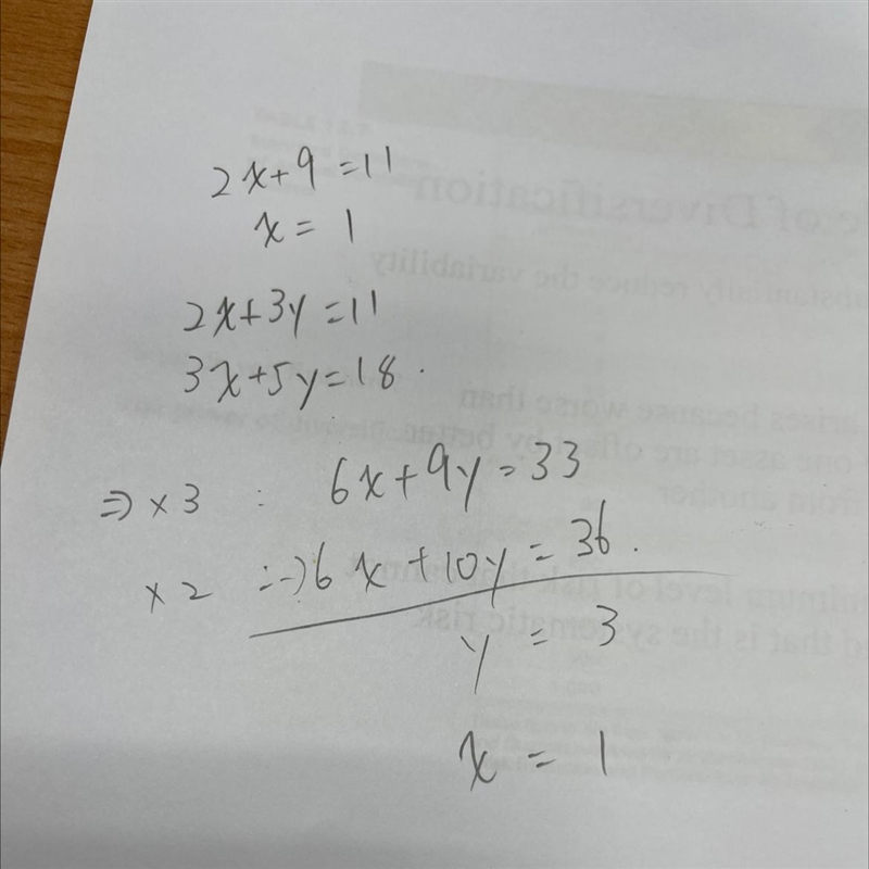 Solve this simultaneous equations 2x+3y =11 3x+5y = 18-example-1