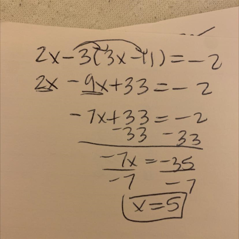 What is 2x-3(3x-11)=-2-example-1