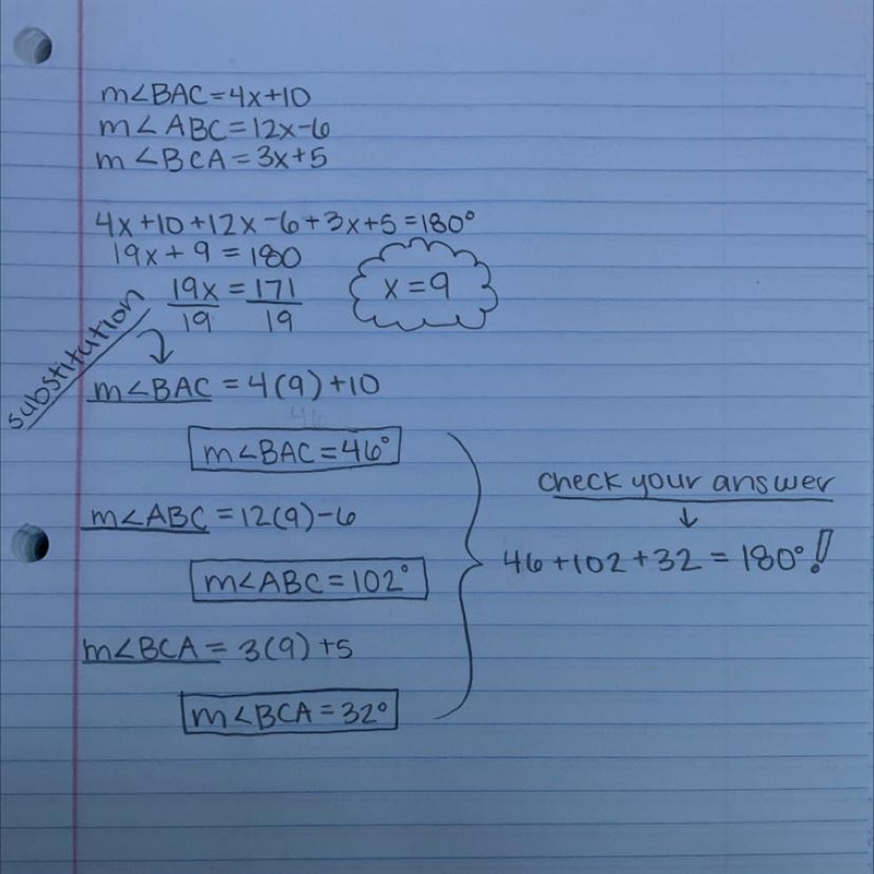 Plz help 60 points In ∆ABC, m∠BAC=4x+10,m∠ABC=12x-6,and m∠BCA=3x+5 Use the given information-example-1