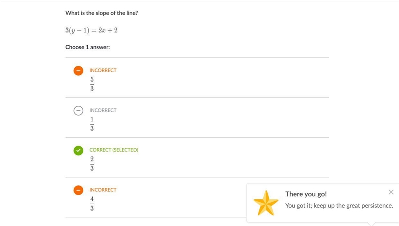 What is the slope of the line? 4x-1=3y+54x−1=3y+54, x, minus, 1, equals, 3, y, plus-example-1