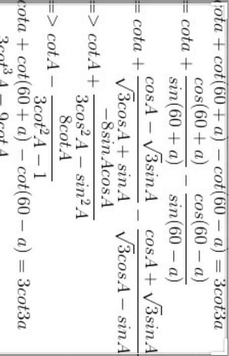 Can some one help me with this trigonometry problem? CotA + cot(60+A)-cot(60-A)=3cot-example-1