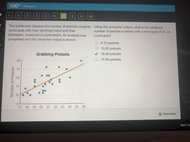 56:27 The scatterplot displays the number of pretzels students could grab with their-example-1