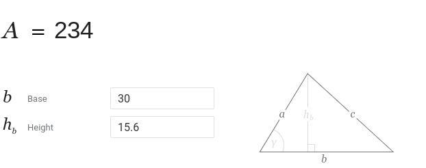 Find the area of a triangle b = 30m h = 15.6m-example-1