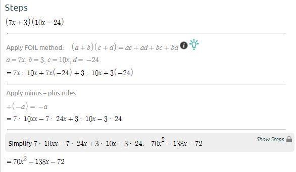 Solve for x. (Only enter the numerical value.) (7x + 3) (10x - 24)-example-1