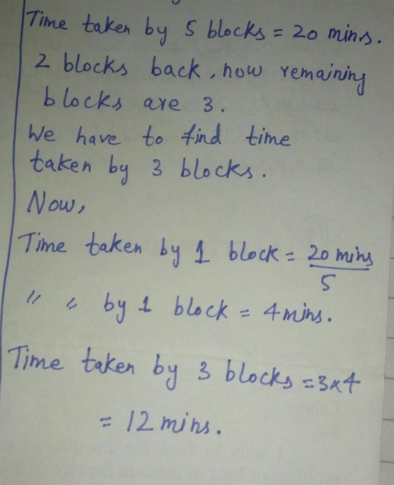 If it takes 20 minutes to walk 5 blocks and I walk back 2, how many minutes did it-example-1