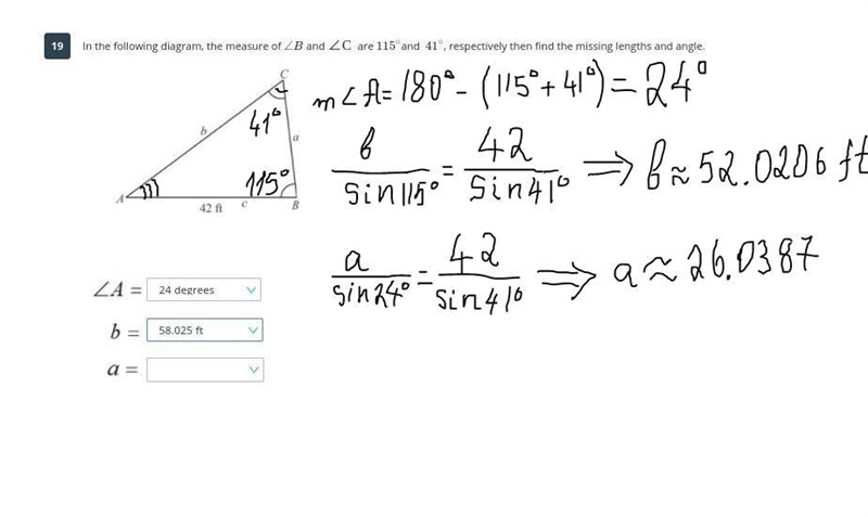 What is the measurement of angle A, side b, and side a-example-1