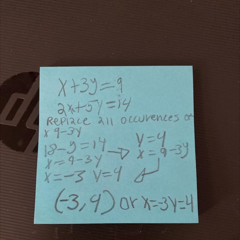 Solve the system using the any method: x+3y=9 2x+5y=14 pls explain--example-1