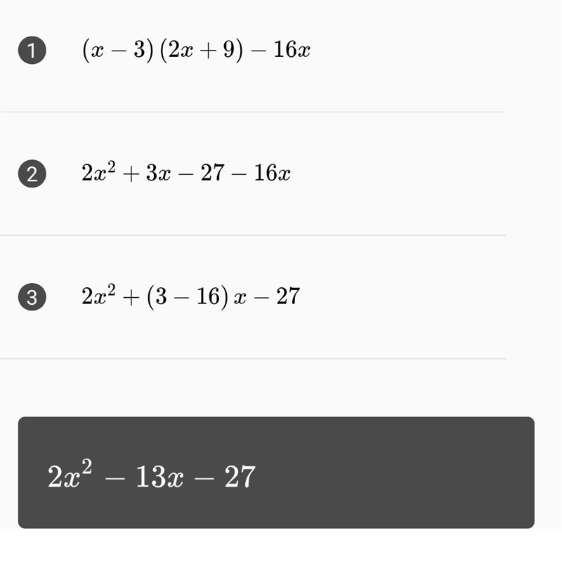 (x - 3)(2x +9) – 16x helpp simplify the following expressions​-example-1