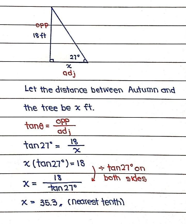 Autumn measures the angle of elevation from the ground to the top of an 18-foottall-example-1