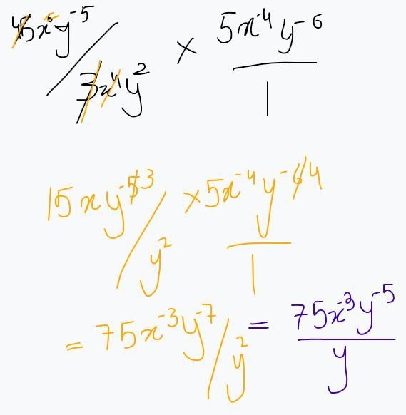 I'm sorry if this is confusing but I really need the help... 45x^6y^-5 / 3x^4y^2 x-example-1