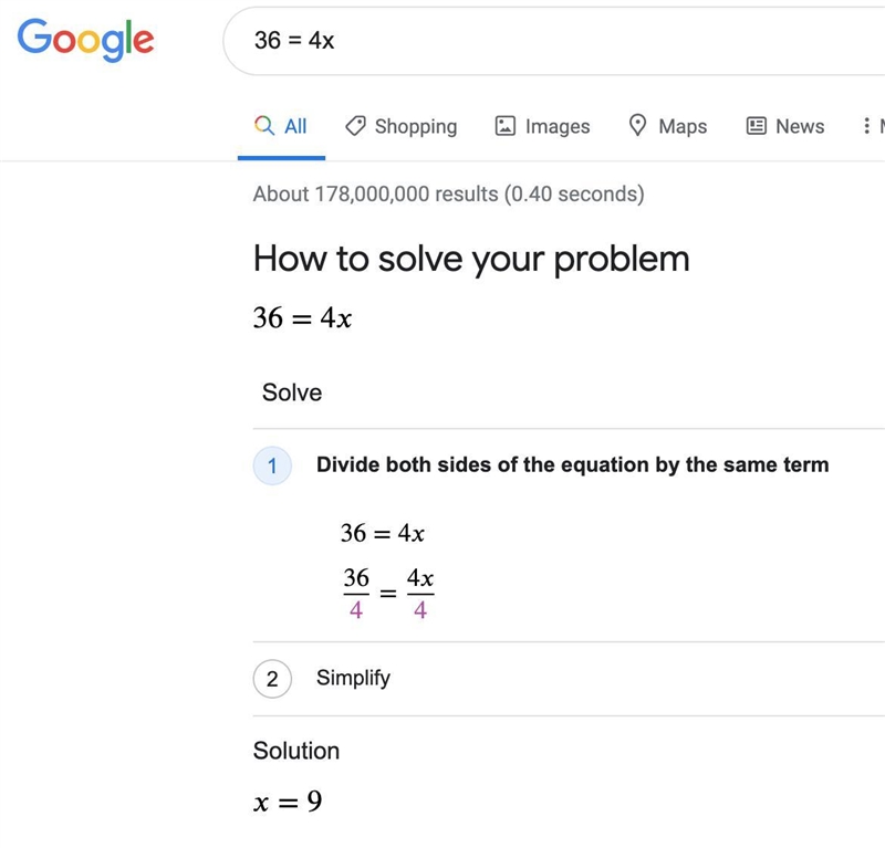 36 = 4x What is the value of x?-example-1