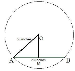 A chord is 28 inches long in a circle with a radius of 50 inches. Find the distance-example-1