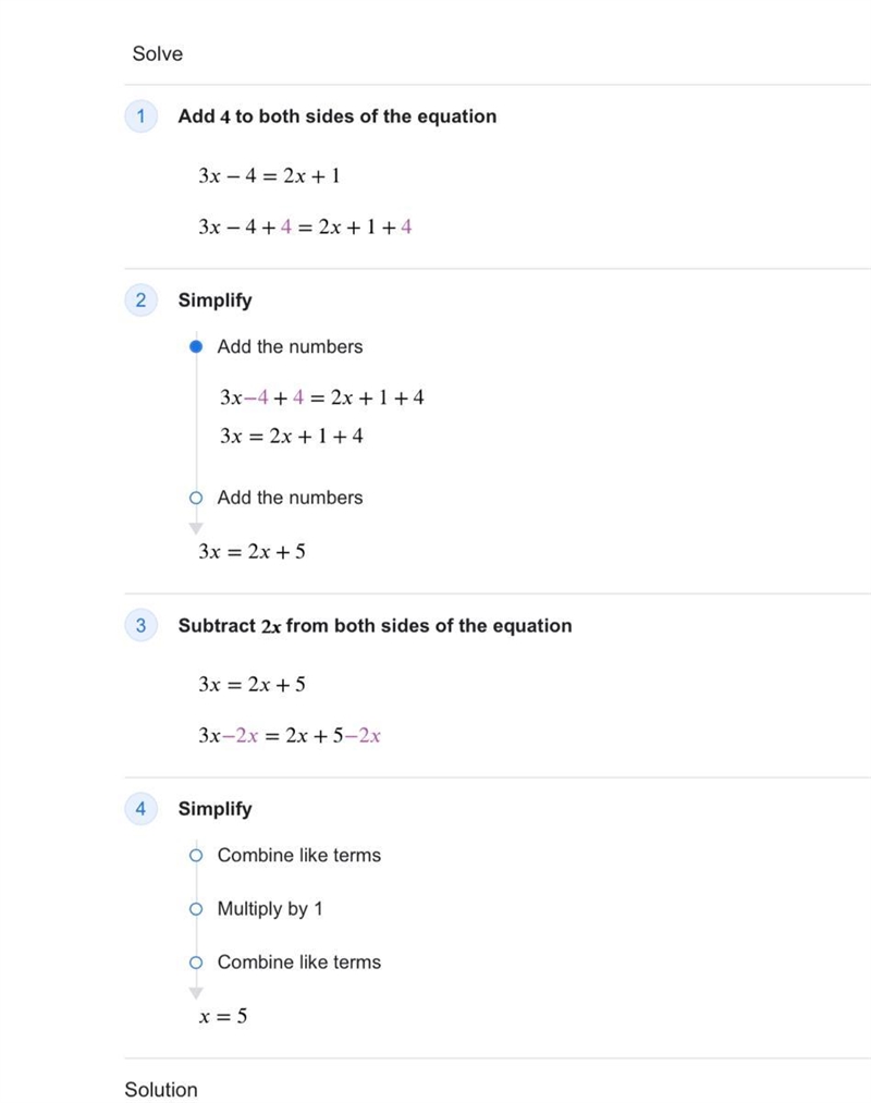 What is the answer 3x-4=2x+1-example-1