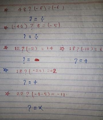 What are the missing operations? 48 ? (-8) = (-6) (-40) ? 8 =( -5) 12 ? (-2) = 14 18 ? (-12) = 6 18 ? (-20) = -2 22 ? (-0.5) = -11 If-example-1