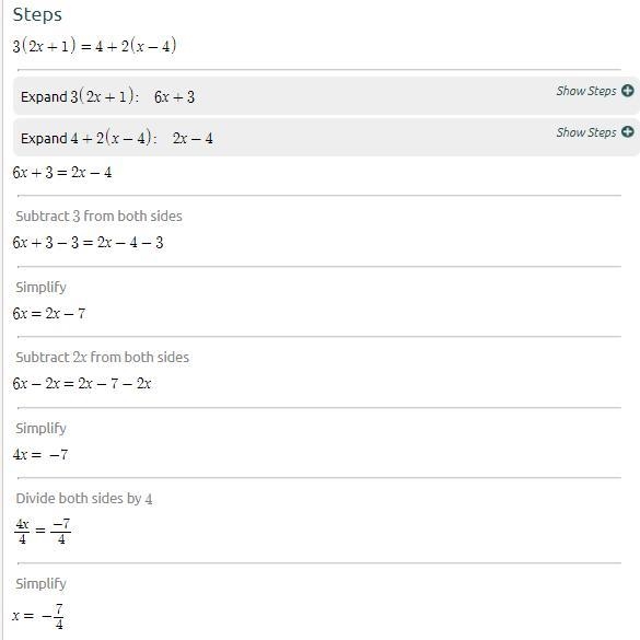 Identify the steps followed to solve the equation 3(2x+1)=5=4+2(x−4)-example-1