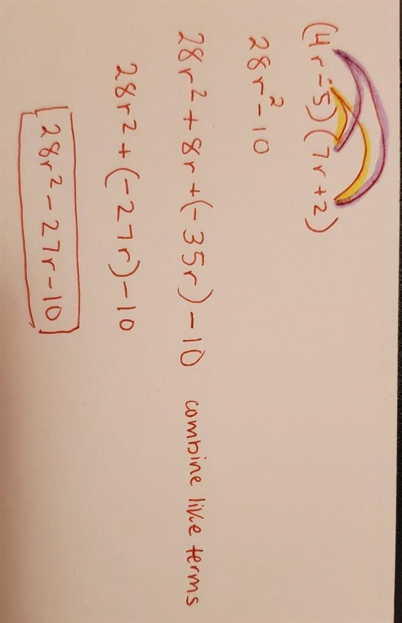 Simplify the product using the Distributive Property. (4r –5)(7r + 2) A. 28r2 + 43r-example-1