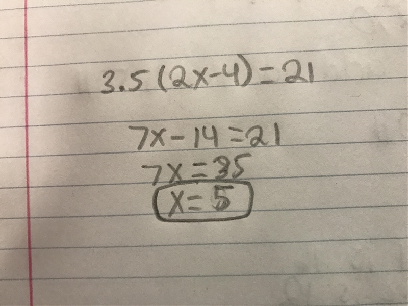 3. Which value of x makes the equation 3.5(2x - 4) = 21 true-example-1