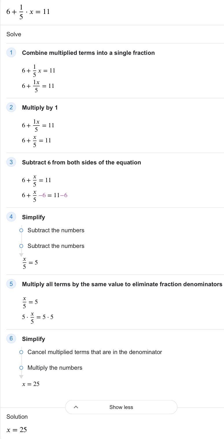 6+1/5x=11.. Solve for x... Help?-example-1