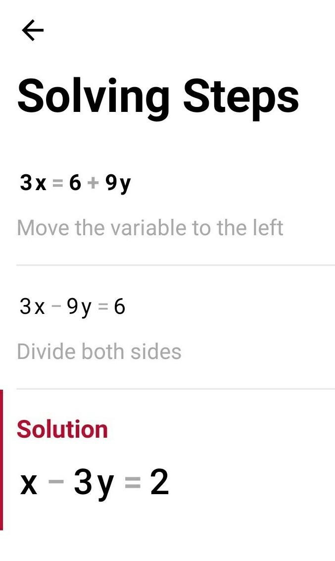 Isolate the x-variable in the equation 3x = 6 + 9y. Answer asap.-example-1