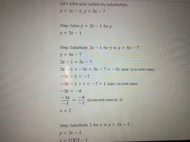 Solve it step by step using substitution. y = 2x - 1 y = 5x - 7-example-1