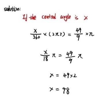 An arc on a circle of radius 10 has an arc length of 49/9 . What is the degree measure-example-1