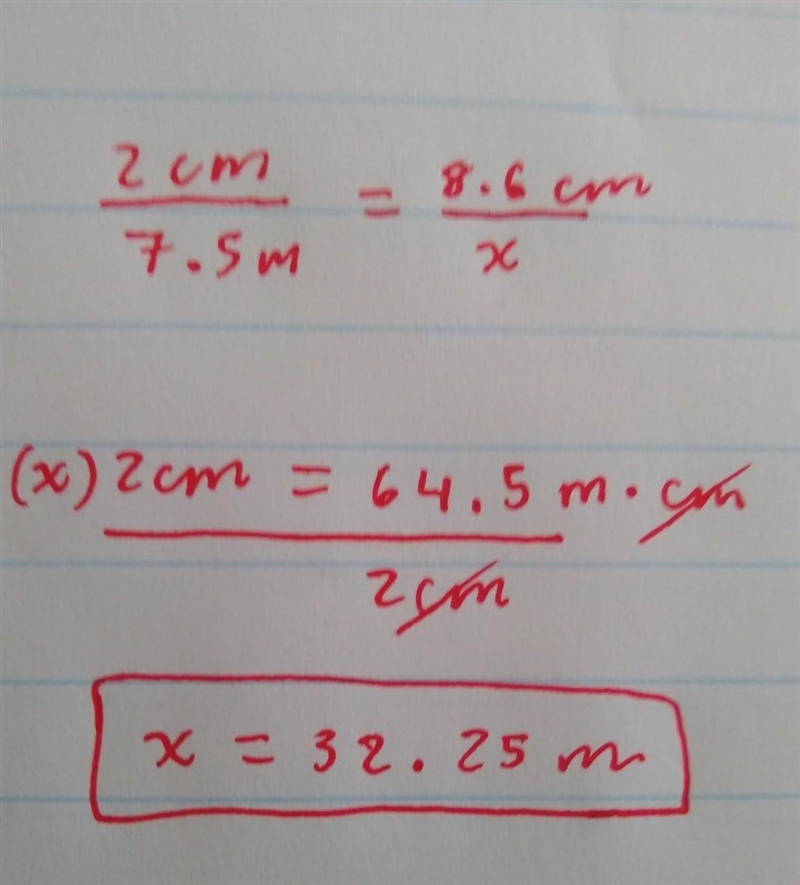 2 cm = 7.5 m in the drawing the mall is 8.6 cm tall how tall is the actual mall-example-1