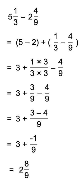 5 1/3 - 2 4/9= What is the answer?-example-1