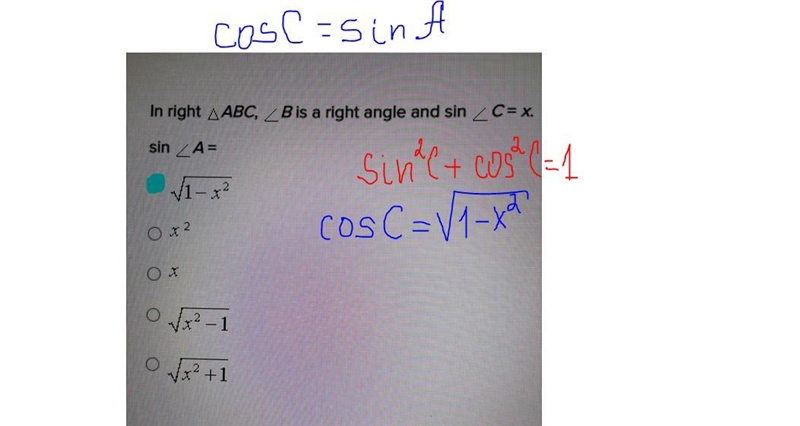 In right A ABC, B is a right angle and sin _ C= x. sin A= V1 – *2 22 Ох, O2 - 1 +1-example-1