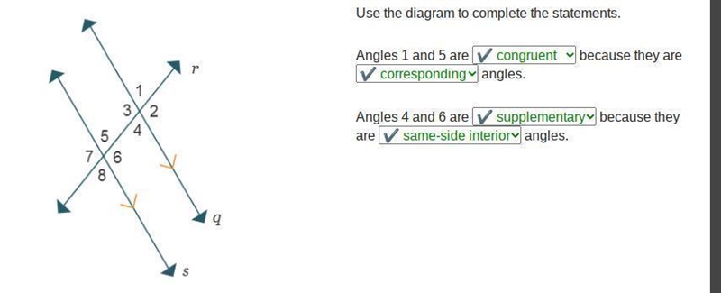 Understanding Transversals Use the diagram to complete the statements Angles 1 and-example-1