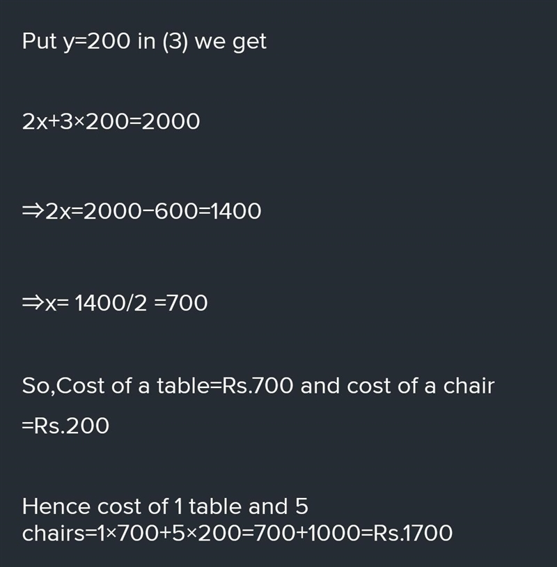 Thomas bought 2 tables and 8 chairs for rs. 21000 at same rate, mohan bought 3 tables-example-2