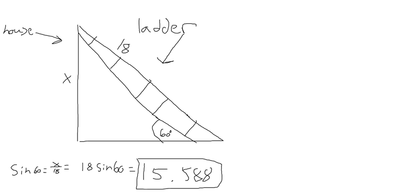 How far up a house will an 18 foot ladder reach if the angle the ladder makes with-example-1