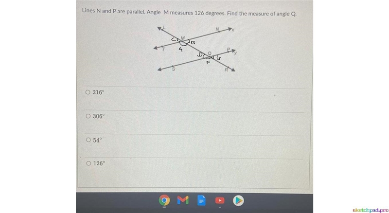 Lines N and Pare parallel. Angle M measures 126 degrees. Find the measure of angle-example-1