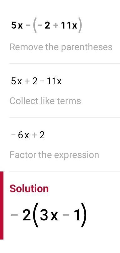 Write the following in standard form. Show all work. 5x – (-2+11x)-example-1