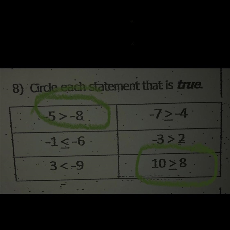 8) Circle each statement that is true. :5>-8 -7>-4 -15-6 -3>2 :3<-9 10 &gt-example-1