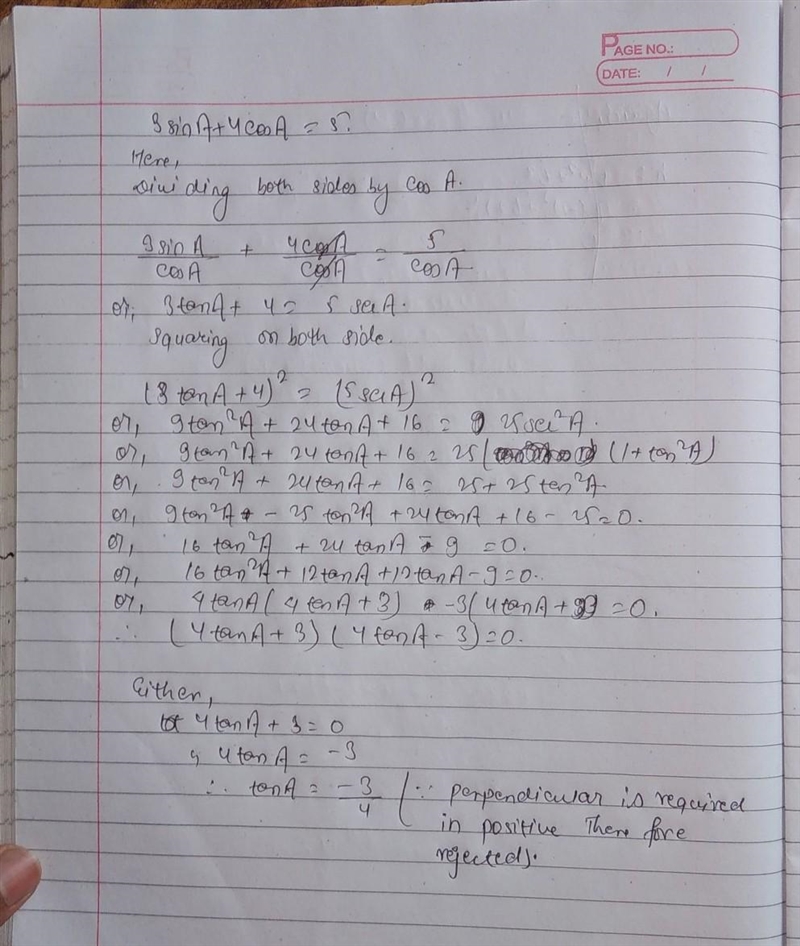 If 3 sin A + 4 cos A =5, show that sin A=3÷5​-example-1