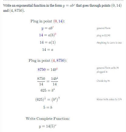 Write an exponential function in the form y = a * b ^ x that goes through points (0, 14) and-example-1