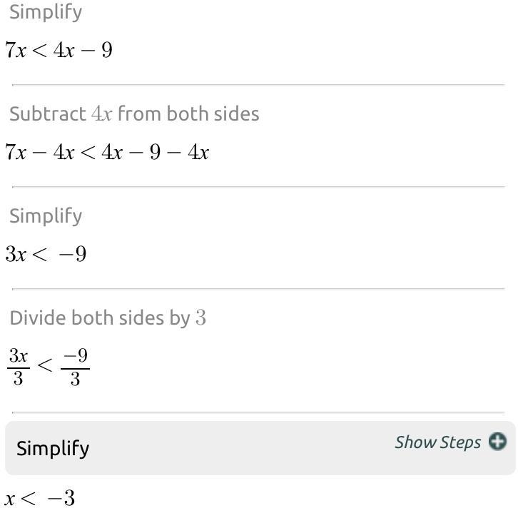 Solve 7x + 1 < 4(x - 2). A.  x > 3 B.  x > -3 C. x  D.  x < 3-example-1