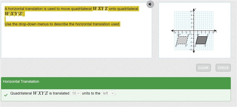 A horizontal translation is used to move quadrilateral WXYZ onto quadrilateral W′X-example-1