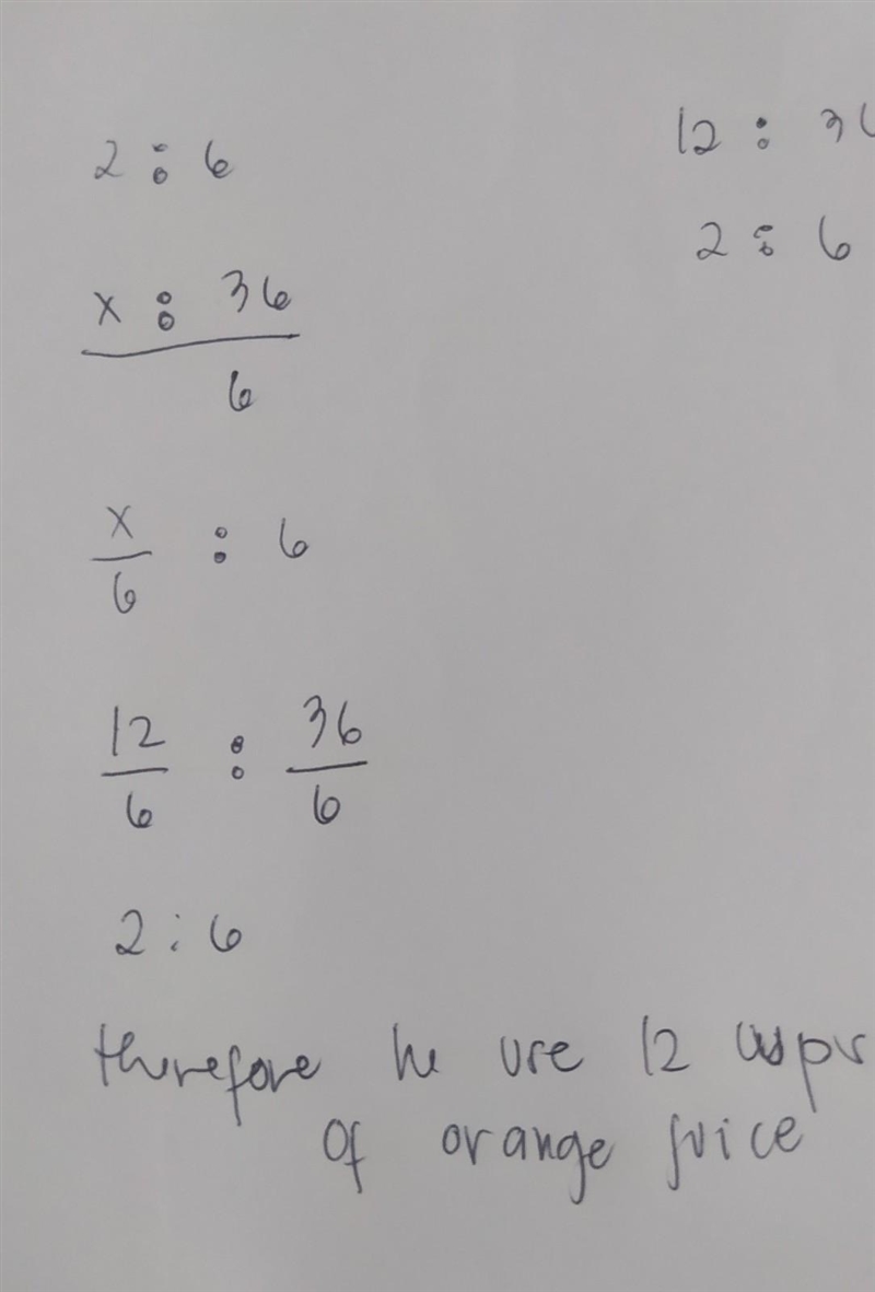 The ratio of cups of orange juice concentrate to water in a punch recipe is 2 : 6. If-example-1