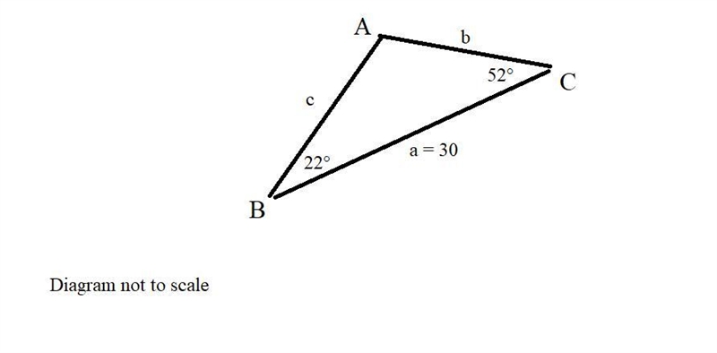 2. In AABC, m < B = 22°, m < C = 52° and a = 30. Find the length of b to the-example-1