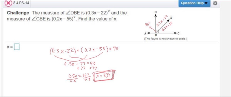 The measure of ∠DBE is (0.3x−22)° and the measure of ∠CBE is (0.2x−55)°. Find the-example-1